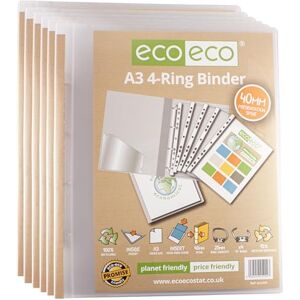 eco-eco A3 95% Recycled 4-D Portrait Clear Presentation Ring Binder File Folder, 40mm Spine, Artwork Portfolio, Pack of 6 Folders, eco202x6 eco-eco A3 95% Recycled 4-D Portrait Clear Presentation Ring Binder File Folder, 40mm Spine, Artwork Portfolio, Pack of 6 Folders, eco202x6