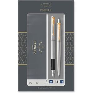 PARKER Jotter Duo Gift Set with Ballpoint Pen & Fountain Pen Stainless Steel with Gold Trim Blue Ink Refill & Cartridges Gift Box PARKER Jotter Duo Gift Set with Ballpoint Pen & Fountain Pen Stainless Steel with Gold Trim Blue Ink Refill & Cartridges Gift Box