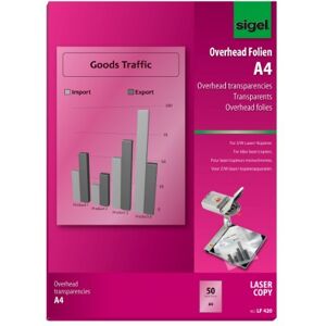 Sigel LF420 Transparency Film for Laser/Copier BandW, clear, coated, auto feed, for double-sided printouts, 100 mic, A4, 50 sheets Sigel LF420 Transparency Film for Laser/Copier BandW, clear, coated, auto feed, for double-sided printouts, 100 mic, A4, 50 sheets