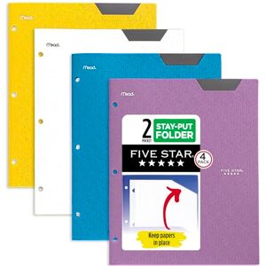 Five Star 2 Pocket Folders, 4 Pack, Plastic Folders with Stay-Put Tabs, Fits 3-Ring Binder, Holds 8-1/2” x 11" Paper, Writable Label, Tidewater Blue, White, Amethyst Purple, Harvest Yellow (38065) Five Star 2 Pocket Folders, 4 Pack, Plastic Folders with Stay-Put Tabs, Fits 3-Ring Binder, Holds 8-1/2” x 11" Paper, Writable Label, Tidewater Blue, White, Amethyst Purple, Harvest Yellow (38065)