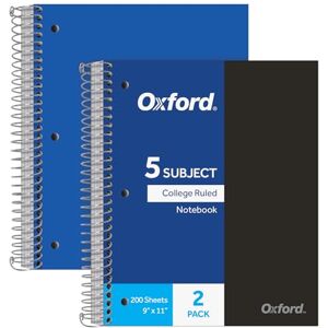 Oxford Spiral Notebooks, 5 Subject, College Ruled Paper, Durable Plastic Cover, 200 Sheets, 5 Divider Pockets, 2 per Pack (10388) Oxford Spiral Notebooks, 5 Subject, College Ruled Paper, Durable Plastic Cover, 200 Sheets, 5 Divider Pockets, 2 per Pack (10388)