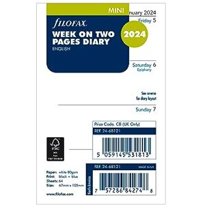 Filofax Calendar Diary Refill, Mini Size, Week-to-View with Notes Section, White Paper, Unruled, English, 2024 (C68121-24) Filofax Calendar Diary Refill, Mini Size, Week-to-View with Notes Section, White Paper, Unruled, English, 2024 (C68121-24)