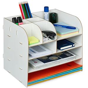 Relaxdays Desk Organiser, Office Supplies and Documents, Different Size Compartments, DIY, MDF, 27.5x32.5x25 cm, White Relaxdays Desk Organiser, Office Supplies and Documents, Different Size Compartments, DIY, MDF, 27.5x32.5x25 cm, White