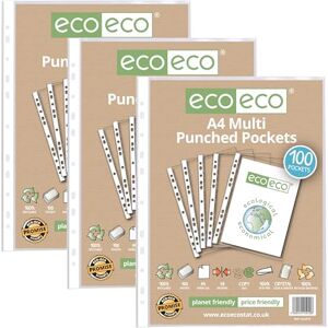 eco-eco A4 100% Recycled Multi Punched Pockets Glass Clear, Transparent Poly Wallet Sheet Protector, 45 Microns, 3 Packs of 100 Wallets, eco010x3 eco-eco A4 100% Recycled Multi Punched Pockets Glass Clear, Transparent Poly Wallet Sheet Protector, 45 Microns, 3 Packs of 100 Wallets, eco010x3