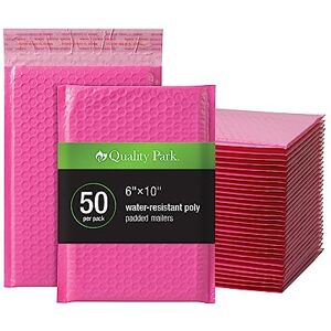Quality Park Bubble Mailers, 6 x 9 Shipping Envelopes, Water Resistant Pink Poly Padded Envelopes, Redi-Strip Peel Off Closure, 50 Per Box (QUA85858) Quality Park Bubble Mailers, 6 x 9 Shipping Envelopes, Water Resistant Pink Poly Padded Envelopes, Redi-Strip Peel Off Closure, 50 Per Box (QUA85858)