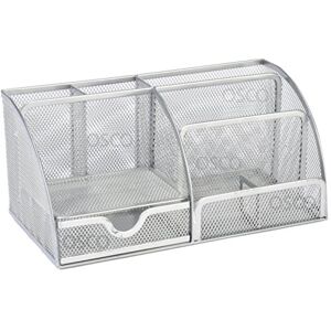 Osco Large Wiremesh Desk Organiser, Metal Mesh Pen Pot Desk Tidy with 7 Compartments & Single Drawer, Desktop Stationery Storage for Office & Home, Silver Osco Large Wiremesh Desk Organiser, Metal Mesh Pen Pot Desk Tidy with 7 Compartments & Single Drawer, Desktop Stationery Storage for Office & Home, Silver