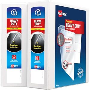 Avery Heavy-Duty View 3 Ring Binder, 3" One Touch Slant Rings, Holds 8.5" x 11" Paper, 2 White Binders (79791) Avery Heavy-Duty View 3 Ring Binder, 3" One Touch Slant Rings, Holds 8.5" x 11" Paper, 2 White Binders (79791)