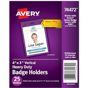 Avery Heavy Duty Badge Holders, 4" x 3", 25 Vertical ID Badge Holders (74472) Avery Heavy Duty Badge Holders, 4" x 3", 25 Vertical ID Badge Holders (74472)