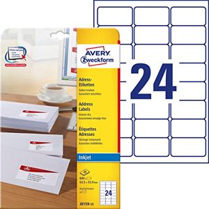 Avery J8159-25 Address Labels 63.5 x 33.9 mm 25 Sheets with 600 Total Labels White Avery J8159-25 Address Labels 63.5 x 33.9 mm 25 Sheets with 600 Total Labels White