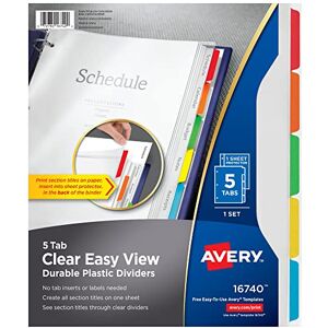 Avery Clear Easy View Durable Plastic Dividers, 5 Tabs (16740),Multicolor Avery Clear Easy View Durable Plastic Dividers, 5 Tabs (16740),Multicolor