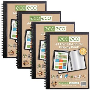 eco-eco A4 50% Recycled 60 Pocket Fold Flat Spiral Bound Display Book, Pack of 4, eco135x4 eco-eco A4 50% Recycled 60 Pocket Fold Flat Spiral Bound Display Book, Pack of 4, eco135x4