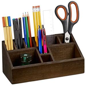 Relaxdays Pen Holder, Bamboo Desk Organiser with 10 Compartments for Pens and Notes, Tray, Dark Brown Relaxdays Pen Holder, Bamboo Desk Organiser with 10 Compartments for Pens and Notes, Tray, Dark Brown