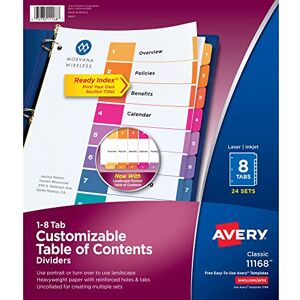 Avery 8 Tab Dividers for 3 Ring Binders, Customizable Table of Contents, Multicolor Tabs, 24 Sets (11168) Avery 8 Tab Dividers for 3 Ring Binders, Customizable Table of Contents, Multicolor Tabs, 24 Sets (11168)