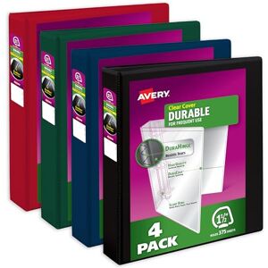 Avery Durable View 3 Ring Binders, 1.5 Inch Slant Rings, 375-Sheet Capacity, DuraHinge, 2.1 Inch Wide Spine, Customizable Clear Covers and Spine, Dark Colors (4-Pack of 05622) Avery Durable View 3 Ring Binders, 1.5 Inch Slant Rings, 375-Sheet Capacity, DuraHinge, 2.1 Inch Wide Spine, Customizable Clear Covers and Spine, Dark Colors (4-Pack of 05622)