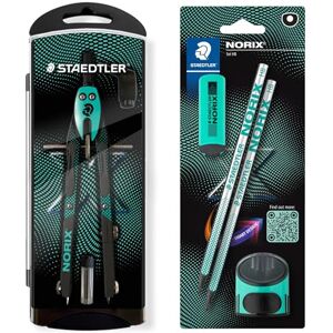 STAEDTLER Norix Set of Quick Adjustment Compasses, Blister Card with 2 HB Pencils, Eraser and Single Sharpener, French Green STAEDTLER Norix Set of Quick Adjustment Compasses, Blister Card with 2 HB Pencils, Eraser and Single Sharpener, French Green