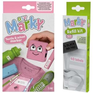 COLOP MARKY Stamp Set in Pink with Black Ink for Labeling Various Objects and Clothes, Includes 3in1 Refill Set with Ink Pad, 40 Labels and 1 m Thermotape COLOP MARKY Stamp Set in Pink with Black Ink for Labeling Various Objects and Clothes, Includes 3in1 Refill Set with Ink Pad, 40 Labels and 1 m Thermotape