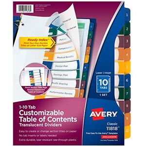 Avery Ready Index Translucent Table of Contents Dividers, 10-Tab Set (11818) Avery Ready Index Translucent Table of Contents Dividers, 10-Tab Set (11818)