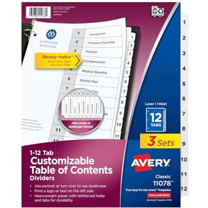Avery 12 Tab Dividers for 3 Ring Binders, Customizable Table of Contents, Classic White Tabs, 3 Sets (11078) Avery 12 Tab Dividers for 3 Ring Binders, Customizable Table of Contents, Classic White Tabs, 3 Sets (11078)