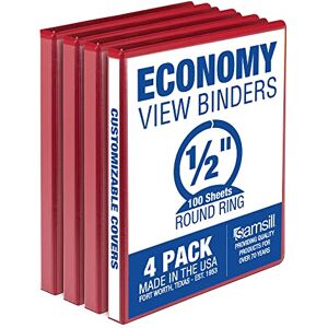 Samsill Economy 0.5 Inch 3 Ring Binder, Made in The USA, Round Ring Binder, Customizable Clear View Cover, Red, 4 Pack (MP48517) Samsill Economy 0.5 Inch 3 Ring Binder, Made in The USA, Round Ring Binder, Customizable Clear View Cover, Red, 4 Pack (MP48517)