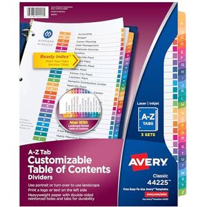 Avery A-Z Tab Dividers for 3 Ring Binders, Page Dividers, Binder Organizer, Customizable Table of Contents, Multicolor, 3 Sets (44225) Avery A-Z Tab Dividers for 3 Ring Binders, Page Dividers, Binder Organizer, Customizable Table of Contents, Multicolor, 3 Sets (44225)