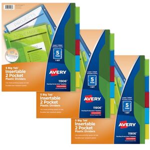 Avery Dividers for 3 Ring Binders, 5-Tab Binder Dividers, Two-Pocket Plastic Binder Dividers, Insertable Big Tabs, Multicolor, 3 Sets (71906) Avery Dividers for 3 Ring Binders, 5-Tab Binder Dividers, Two-Pocket Plastic Binder Dividers, Insertable Big Tabs, Multicolor, 3 Sets (71906)