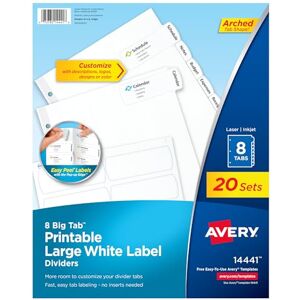 Avery Big Tab Printable Large White Label Dividers with Easy Peel, 8 Tabs, 20 Sets (14441) Avery Big Tab Printable Large White Label Dividers with Easy Peel, 8 Tabs, 20 Sets (14441)