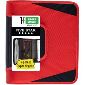 Five Star Zipper Binder, 1-1/2 Inch 3-Ring Binder for School, 3 Pocket Expanding File, 500 Sheet Capacity, Red (72206) Five Star Zipper Binder, 1-1/2 Inch 3-Ring Binder for School, 3 Pocket Expanding File, 500 Sheet Capacity, Red (72206)