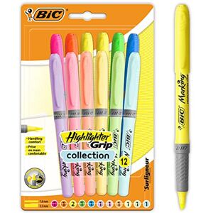 BIC Highlighter Grip, Ribbed Rubber Grip for Extra Comfort, Water-Based Ink, Assorted Intense and Pastel Colours, Pack of 12 BIC Highlighter Grip, Ribbed Rubber Grip for Extra Comfort, Water-Based Ink, Assorted Intense and Pastel Colours, Pack of 12