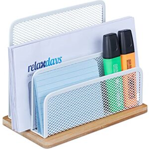 Relaxdays Desk Organiser, Metal & Bamboo, 3 Compartments, Letter Tray, Paper Stand, HWD: 15x18.5x10 cm, White/Natural, Iron Relaxdays Desk Organiser, Metal & Bamboo, 3 Compartments, Letter Tray, Paper Stand, HWD: 15x18.5x10 cm, White/Natural, Iron