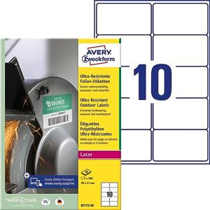 Avery B7173-50 Heavy Duty Film Labels (500 Stickers, 99 x 57 mm on A4, Extremely Strong Self-Adhesive, for Difficult Surfaces, Printable Outdoor Adhesive Film) 50 Sheets, White Avery B7173-50 Heavy Duty Film Labels (500 Stickers, 99 x 57 mm on A4, Extremely Strong Self-Adhesive, for Difficult Surfaces, Printable Outdoor Adhesive Film) 50 Sheets, White