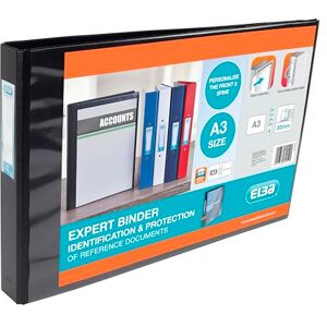 Elba A3 4 D-Ring Binder, PVC-Covered Presentation Folder with Customisable Cover, 55 mm Spine, 30 mm Capacity, Landscape, Black, Single Elba A3 4 D-Ring Binder, PVC-Covered Presentation Folder with Customisable Cover, 55 mm Spine, 30 mm Capacity, Landscape, Black, Single