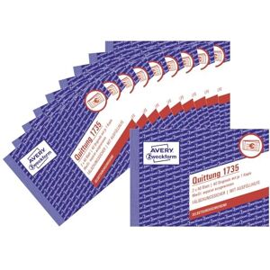 Avery 1735-10 Receipt Book (A6 Landscape, 2 x 40 Sheets, with Duplicate, Tamper-Proof, Separately Designed, for Germany and Austria) Pack of 10 White/Yellow Avery 1735-10 Receipt Book (A6 Landscape, 2 x 40 Sheets, with Duplicate, Tamper-Proof, Separately Designed, for Germany and Austria) Pack of 10 White/Yellow