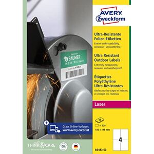 Avery B3483-50 Heavy Duty Film Labels (200 Stickers, 105 x 148 mm on A4, Extremely Strong Self-Adhesive, for Difficult Surfaces, Printable Outdoor Adhesive Film) 50 Sheets, White Avery B3483-50 Heavy Duty Film Labels (200 Stickers, 105 x 148 mm on A4, Extremely Strong Self-Adhesive, for Difficult Surfaces, Printable Outdoor Adhesive Film) 50 Sheets, White