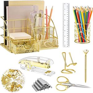 KAAKOW Gold Desk Organizers and Accessories Office Supplies Set Stapler, Pen Holder, Phone Holder, Scissors, Pen, Ruler, 30 Paper Clips, 22 Binder Clip, 20 Tacks and 1000pcs Staples (Gold) KAAKOW Gold Desk Organizers and Accessories Office Supplies Set Stapler, Pen Holder, Phone Holder, Scissors, Pen, Ruler, 30 Paper Clips, 22 Binder Clip, 20 Tacks and 1000pcs Staples (Gold)