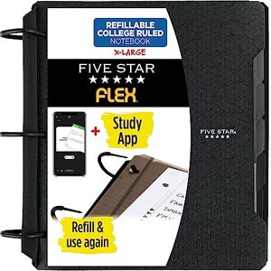 Five Star Flex Refillable Notebook + Study App, College Ruled Paper, 1-1/2 Inch TechLock Rings, Pockets, Tabs and Dividers, 300 Sheet Capacity, Black (29324AA2) Five Star Flex Refillable Notebook + Study App, College Ruled Paper, 1-1/2 Inch TechLock Rings, Pockets, Tabs and Dividers, 300 Sheet Capacity, Black (29324AA2)