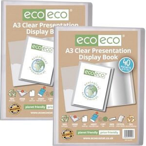 eco-eco A3 Size 50% Recycled 40 Pocket Clear Presentation Display Book, Storage Case Portfolio Art Folder with Plastic Sleeves, Pack of 2 Folders, eco101 eco-eco A3 Size 50% Recycled 40 Pocket Clear Presentation Display Book, Storage Case Portfolio Art Folder with Plastic Sleeves, Pack of 2 Folders, eco101