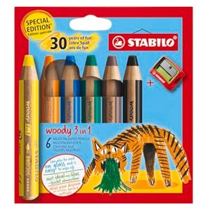 STABILO woody 3-in-1 Multi-Talented Pencil Pack of 6 Birthday Edition Tiger Assorted Colours with Sharpener STABILO woody 3-in-1 Multi-Talented Pencil Pack of 6 Birthday Edition Tiger Assorted Colours with Sharpener
