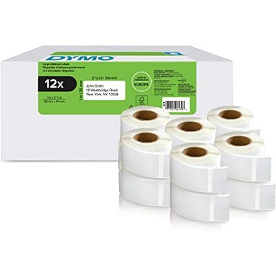 Dymo Authentic LabelWriter Return Address Labels 25 mm x 54 mm Self-Adhesive 12 Rolls of 500 Easy-Peel Labels (6,000 Count) for LabelWriter Label Makers Made in Europe Dymo Authentic LabelWriter Return Address Labels 25 mm x 54 mm Self-Adhesive 12 Rolls of 500 Easy-Peel Labels (6,000 Count) for LabelWriter Label Makers Made in Europe