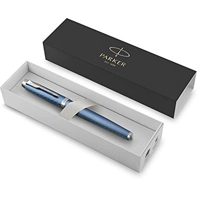 PARKER IM Fountain Pen Premium Blue Grey with Chrome Trim Fine Point with Blue Ink Cartridge Gift Box PARKER IM Fountain Pen Premium Blue Grey with Chrome Trim Fine Point with Blue Ink Cartridge Gift Box
