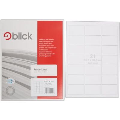 Blick Labels, White, 21 Per Sheet 25 Sheets, Rectangular, 63.5mm x 38.2mm, 525 Labels, For Home, Office, Family, School Blick Labels, White, 21 Per Sheet 25 Sheets, Rectangular, 63.5mm x 38.2mm, 525 Labels, For Home, Office, Family, School