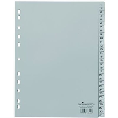 Durable 1-31 Polypropylene Index Dividers, A4 Portrait Full Covering, Pack of 10 Dividers, Grey, Made in Germany Durable 1-31 Polypropylene Index Dividers, A4 Portrait Full Covering, Pack of 10 Dividers, Grey, Made in Germany