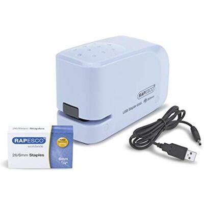 Rapesco 1452 626EL Automatic Electric Stapler and 1000 Staples, Light Blue For use with USB Cable (included) or Batteries (not included), 15 Sheet Capacity, Includes 1000 26/6mm Staples Rapesco 1452 626EL Automatic Electric Stapler and 1000 Staples, Light Blue For use with USB Cable (included) or Batteries (not included), 15 Sheet Capacity, Includes 1000 26/6mm Staples