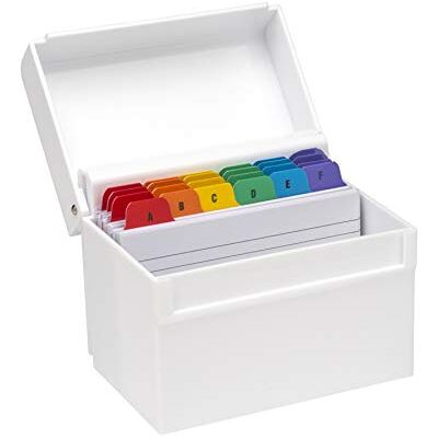 Osco Small White Hi-Gloss Plastic Index Box, A to Z Divider Tabs, 100 Lined Note Cards, Ruled Revision Flash, Recipe Notes, Contacts Filing, Desktop Organiser, Holds 5" × 3" Cards (127 × 76 mm) Osco Small White Hi-Gloss Plastic Index Box, A to Z Divider Tabs, 100 Lined Note Cards, Ruled Revision Flash, Recipe Notes, Contacts Filing, Desktop Organiser, Holds 5" × 3" Cards (127 × 76 mm)