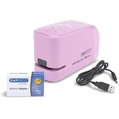 Rapesco 1451 626EL Automatic USB/Battery Stapler with 1000 26/6mm Staples, 15 Sheet Capacity, Candy Pink Rapesco 1451 626EL Automatic USB/Battery Stapler with 1000 26/6mm Staples, 15 Sheet Capacity, Candy Pink