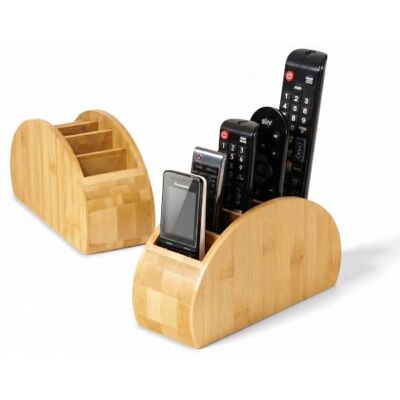 Osco Bamboo Remote & Desk Organiser, 5-Compartment Sustainable MOSO Bamboo Caddy for Remotes, Pens, Make-Up & Cosmetics, Natural Finish, H11.9 × W22.3 × D8.2 cm Osco Bamboo Remote & Desk Organiser, 5-Compartment Sustainable MOSO Bamboo Caddy for Remotes, Pens, Make-Up & Cosmetics, Natural Finish, H11.9 × W22.3 × D8.2 cm