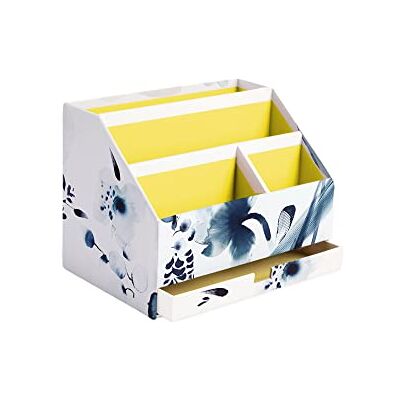Clairefontaine 115938C Cardboard letter tray with drawer 24x16x18cm Floral painted with blue ink Satin finish paper Home Office Inkebana Collection Clairefontaine 115938C Cardboard letter tray with drawer 24x16x18cm Floral painted with blue ink Satin finish paper Home Office Inkebana Collection