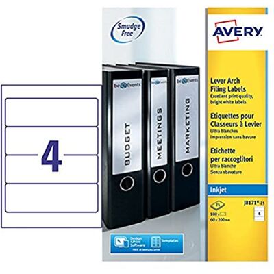 Avery Lever Arch File Labels, Printable & Smudge Free, 200 x 60 mm, Customisable Stickers for Folders, 4 Per A4 Sheet, 100 Pack, Inkjet Compatible (J8171-25) Avery Lever Arch File Labels, Printable & Smudge Free, 200 x 60 mm, Customisable Stickers for Folders, 4 Per A4 Sheet, 100 Pack, Inkjet Compatible (J8171-25)