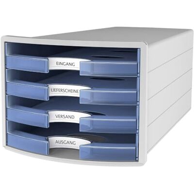 HAN 1013-64 Impuls Drawer Box DIN A4/C4 4 Open Drawers Light Grey/Translucent Blue HAN 1013-64 Impuls Drawer Box DIN A4/C4 4 Open Drawers Light Grey/Translucent Blue