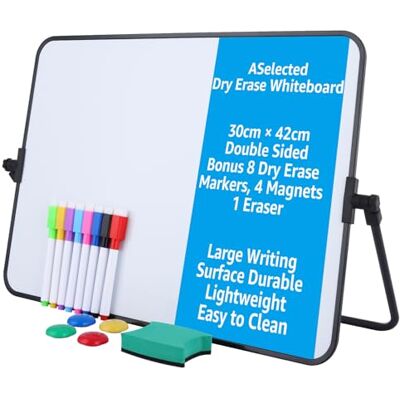 ASelected Small Dry Erase Double Sided Magnetic Desktop Whiteboard with Stand and Easel A3, 42 x 30 Cm, 8 Pens, 1 Eraser, 4 Magnets for School, Home, and Office ASelected Small Dry Erase Double Sided Magnetic Desktop Whiteboard with Stand and Easel A3, 42 x 30 Cm, 8 Pens, 1 Eraser, 4 Magnets for School, Home, and Office