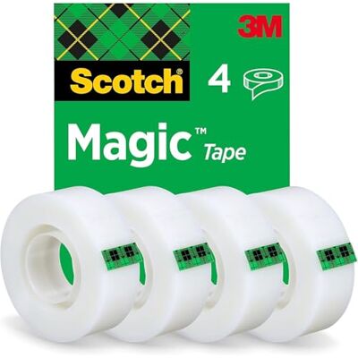 Scotch Magic Tape, 4 Rolls, 19 mm x 33 m General Purpose Sticky Tape for Document Repair, Labelling and Wrapping; Matte-Finish, Invisible and Writable on Scotch Magic Tape, 4 Rolls, 19 mm x 33 m General Purpose Sticky Tape for Document Repair, Labelling and Wrapping; Matte-Finish, Invisible and Writable on